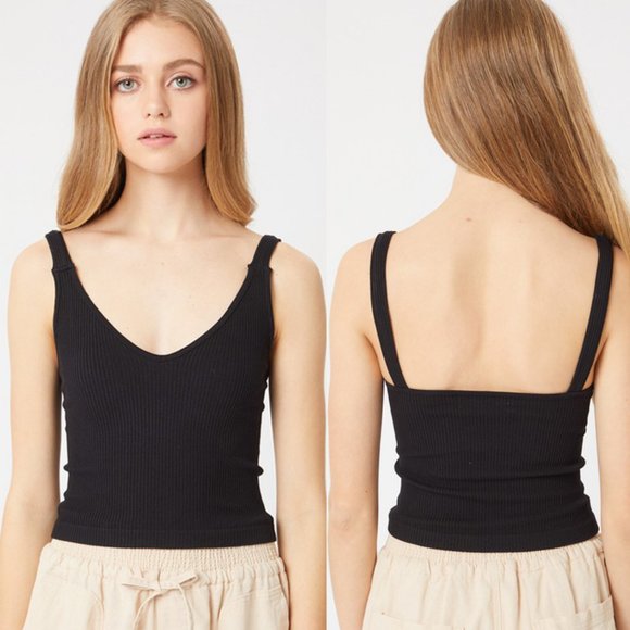 NEW Black Seamless Ribbed V Neck Crop Tank Top - Picture 9 of 9